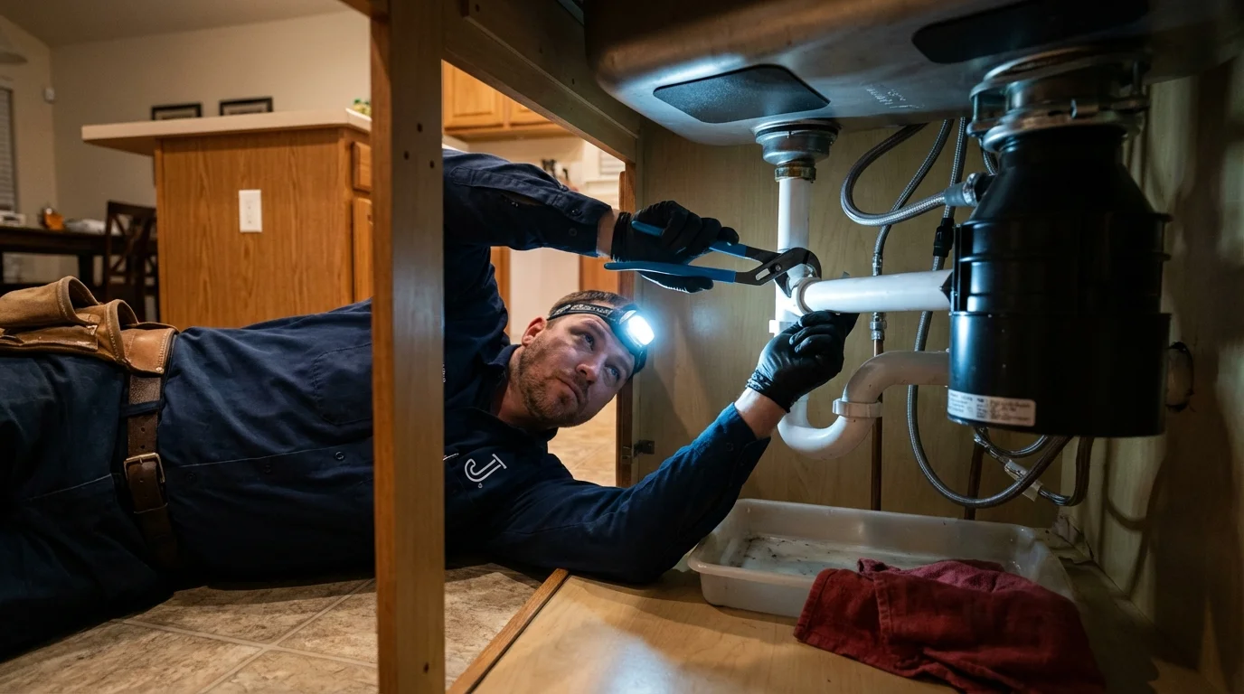 P-trap and supply line connections under a kitchen sink showing a common leak point in Sterling, AK